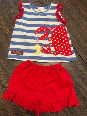 Millie Jay 2T Striped Crab Appliqué Tank & Red Ruffle Shorts Set